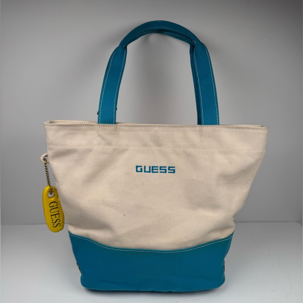 Guess Canvas Turqouise Beach Tote‎ Bag Embroidered Y2K Vtg (NWT)